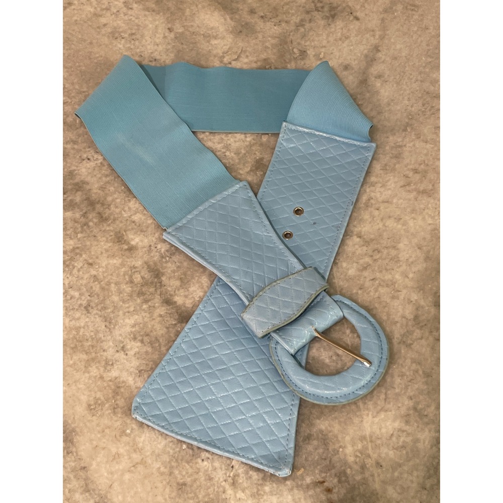 Vintage Belt Women M Blue Quilted Faux Leather Wide Elastic Cinch Waist Y2K